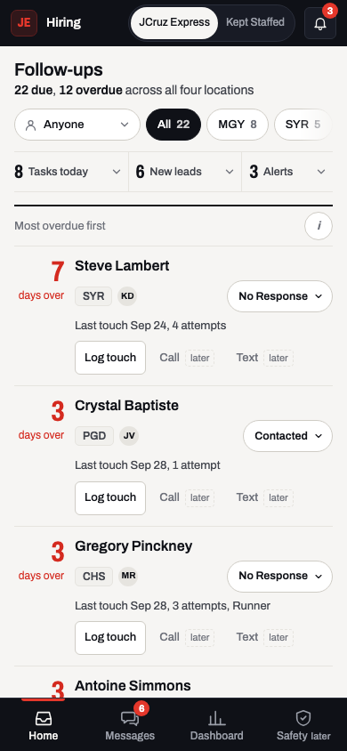 Direction A, Home on a phone in JCruz Express colors: an assignee select and location chips, a ruled row of three counts, then the follow-up list with a large red days-over number and a Log touch button on each row.
