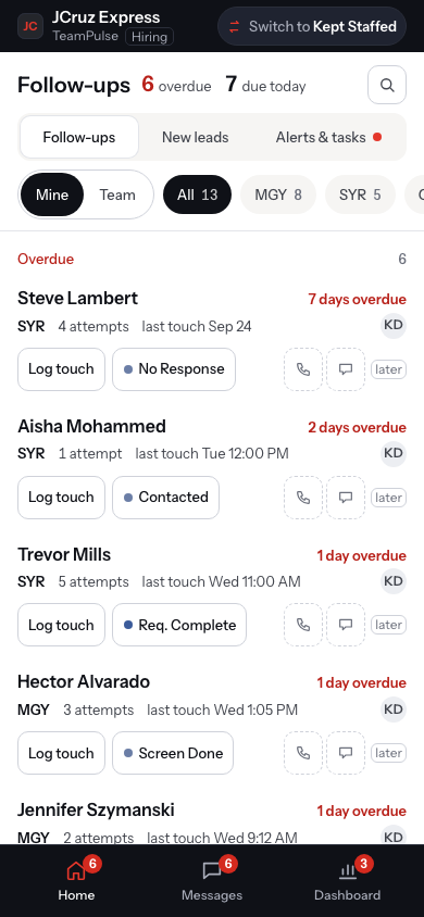 Direction B, Home on a phone in JCruz Express colors: overdue and due-today counts beside the title, a search icon, tabs, a Mine and Team switch with location chips, then the overdue list with Log touch and status on each row.