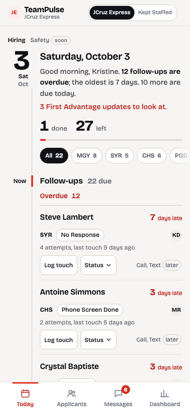 Direction C, Home on a phone in JCruz Express colors: a big day numeral, a greeting with the overdue count, a done-and-left bar, location chips, then the follow-up list at Now.